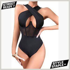 Criss Cross Halter Bodysuit Shapewear Mesh Panel Fitted Medium